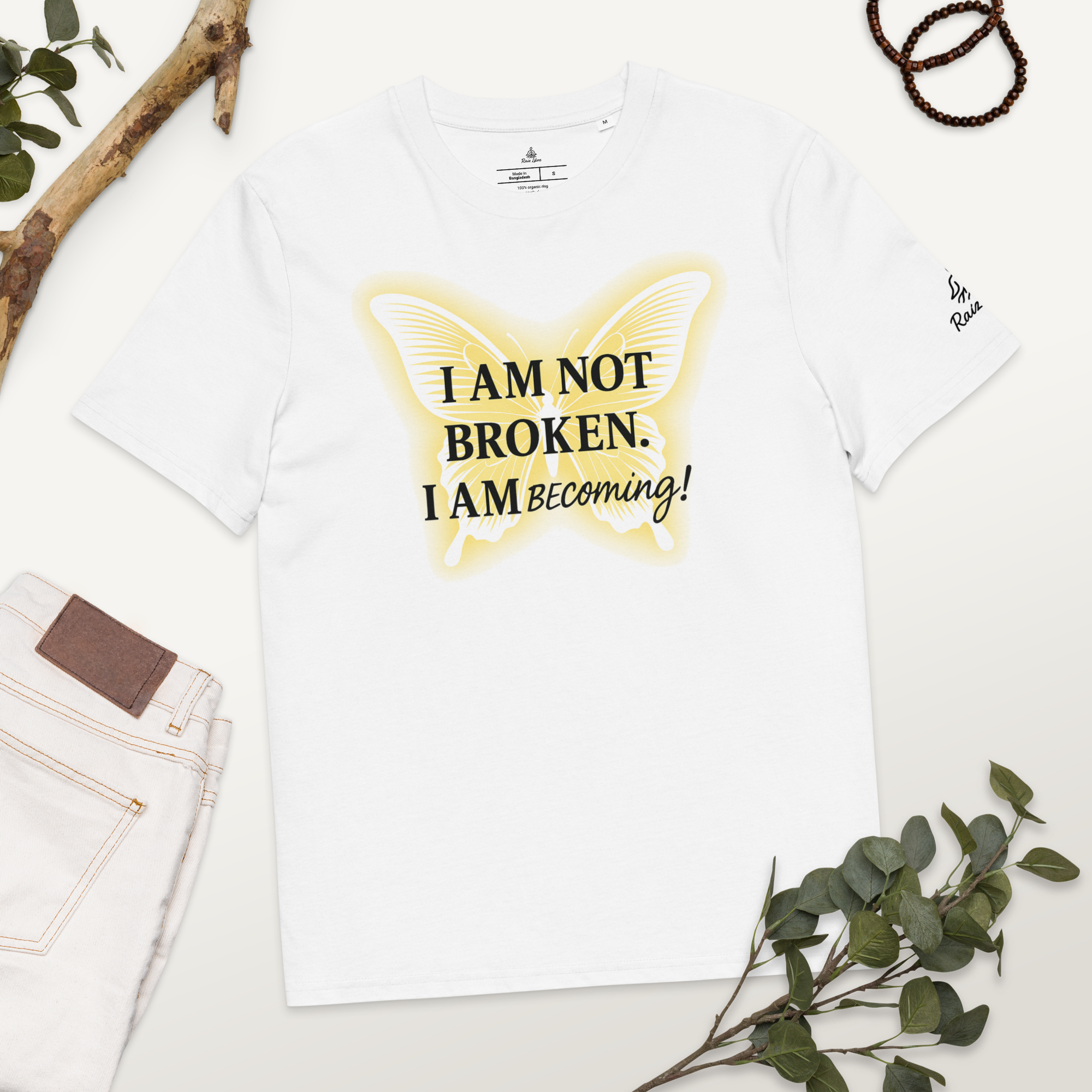 Inspirational organic ribbed neck white t-shirt - Whispers of Light Collection - Unisex - Raíz Libre